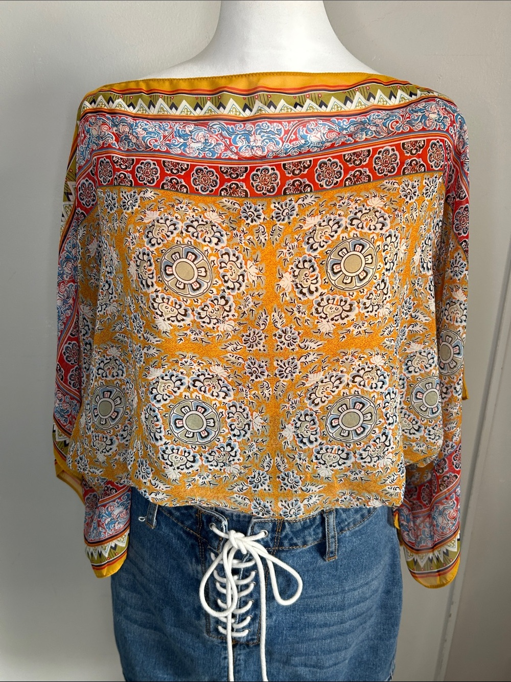 Max Studio Yellow Floral Boho Split Kimono Sleeve Scarf Print Blouse